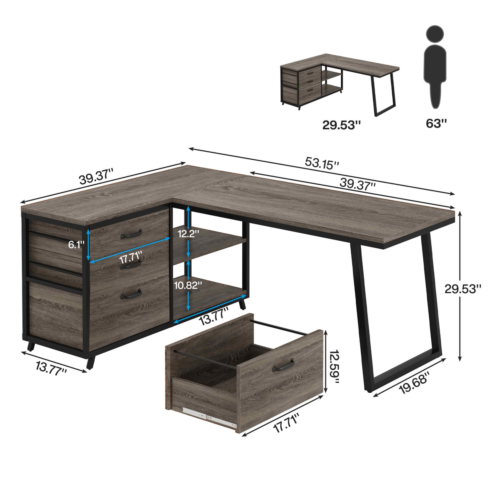 MAYEERTY Reversible L-Shaped Desk with 3 Drawers & Open Shelves, 53" Home Office Computer Desk