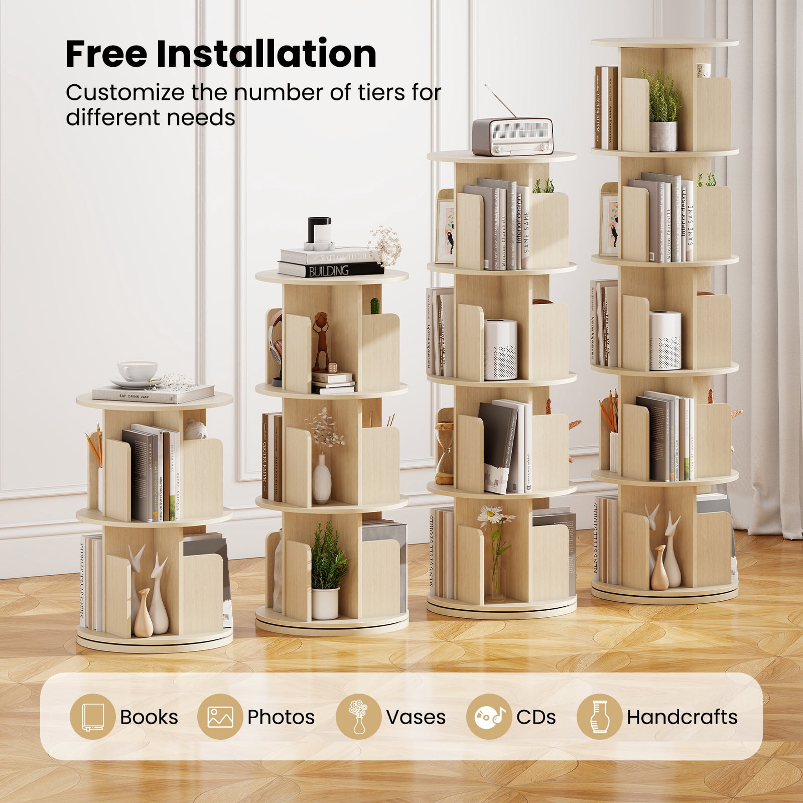 Costway 1 PCS 5-Tier Rotating Bookshelf 360° Display Rack with Dividers & Anti-falling Baffles Natural