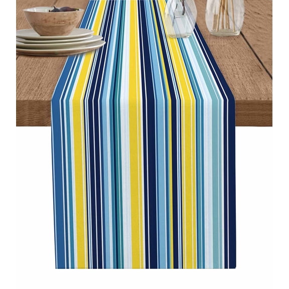 Blue Yellow Teal Stripes Table Runner Boho Colorful Ombre Texture Tablerunners 13 x 70 Inch, Table Decorations Tabletop Scarf for Summer Gathering Holiday Farmhouse Kitchen Dining Decor