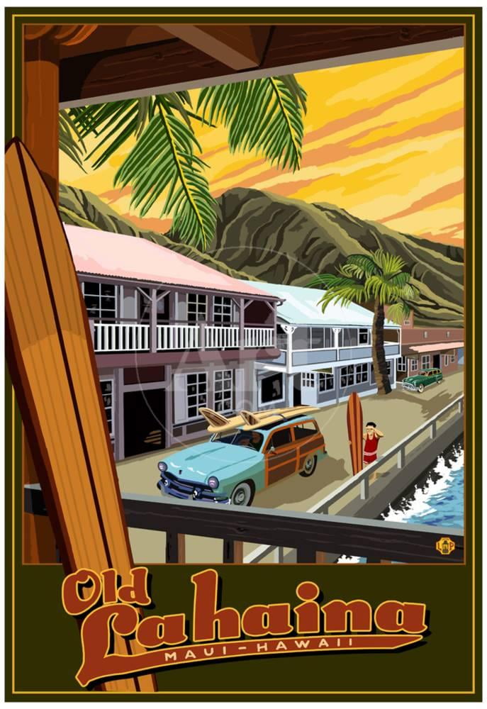 Old Lahaina Fishing Town with Surfer, Maui, Hawaii Poster 13x19 Sold by