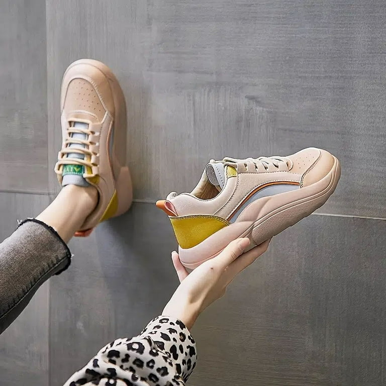 Women s Colorblock Chunky Sneakers Casual Faux Leather Lace Up Platform Skate Shoes Women s Footwear Walmart