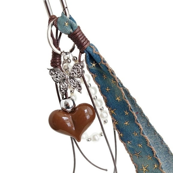 Western Styles Denims Bag Charm Featuring Bohemian Butterfly Heart Detailing and Braided Rope