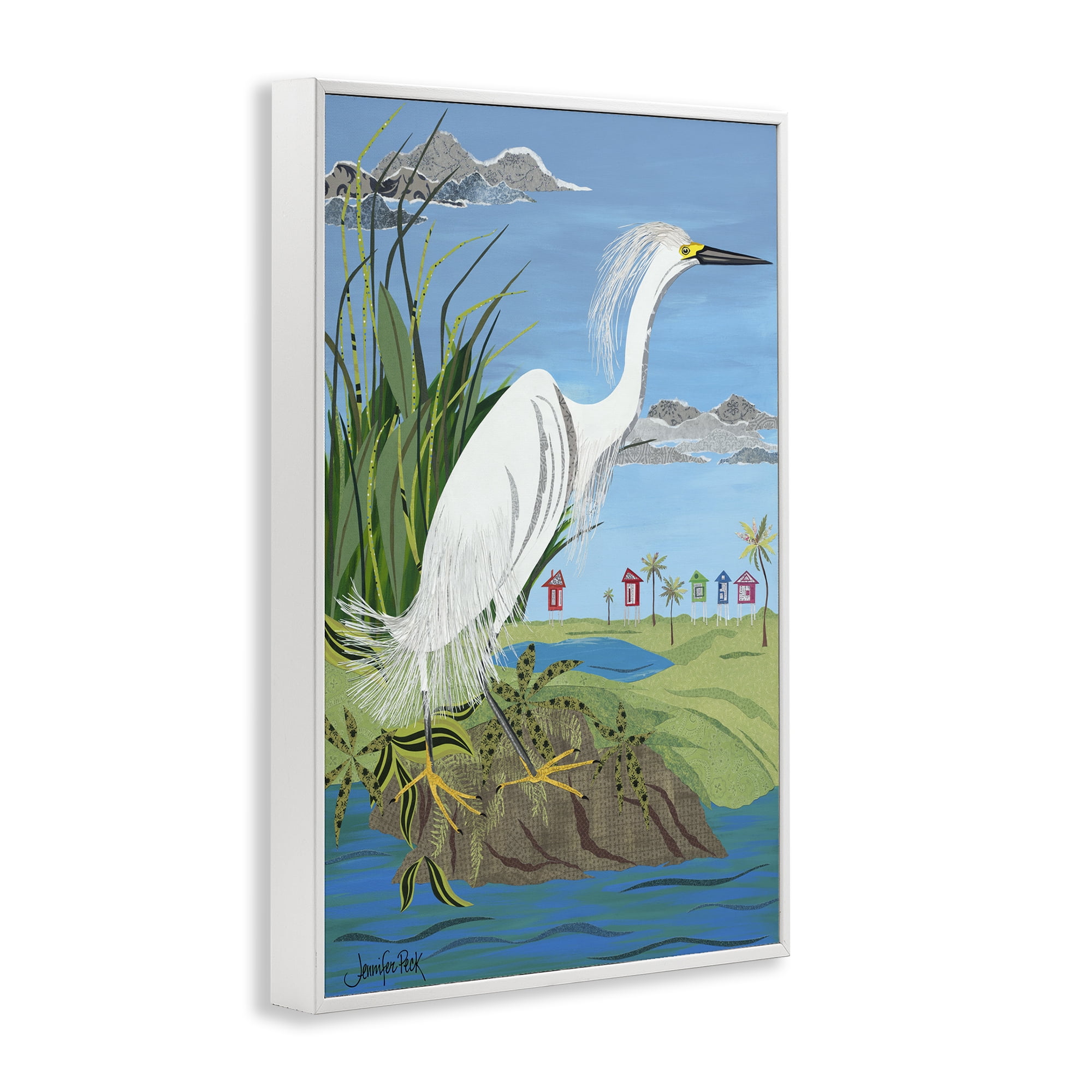 Stupell Industries Egret Perched on Shore Animals & Insects Painting White Framed Art Print Wall Art, 16 x 24