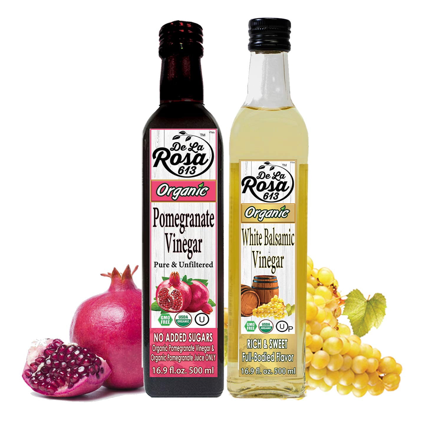 De La Rosa 613 Organic Pomegranate and White Balsamic Vinegar, Vegan, Kosher, Non-GMO & Gluten Free, 16.9 Oz (Pack of 2)