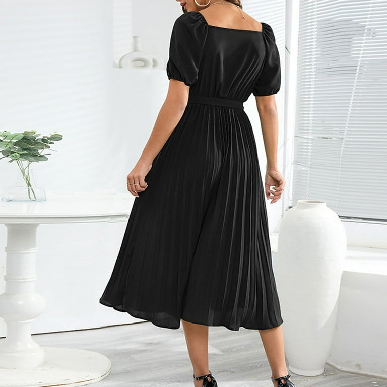 Women Elegant Summer Midi Dresses Iced Silk Cool Casual Flowy Pleated Swing Dress Short Sleeve Belted Sundress Small Black Walmart