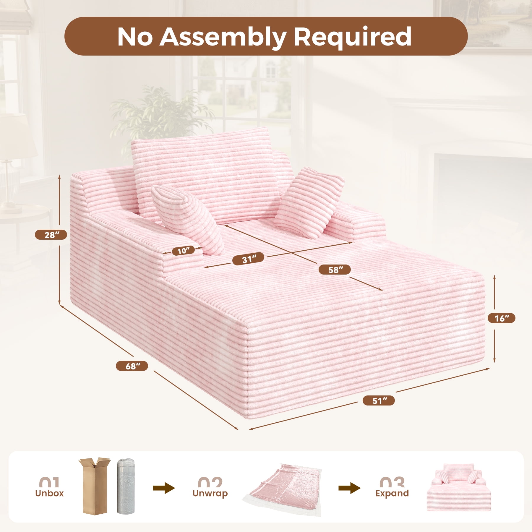 Daluvenix 51 Inch Chaise Lounge Chair Indoor Oversized Corduroy Upholstered Boneless Sofa Bed Deep Seat Sleeper Couch Reading Chairs Cloud Sofas Couches for Living Room