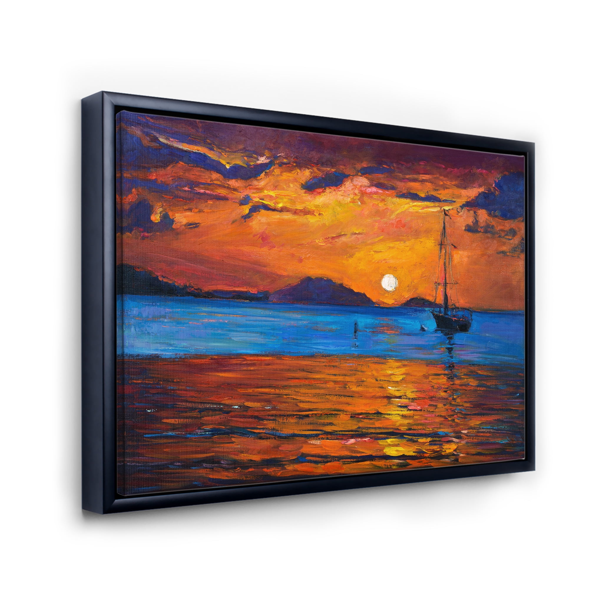 Designart 'Boat At The Lake During Evening Glow IX' Nautical & Coastal Framed Canvas Wall Art Print