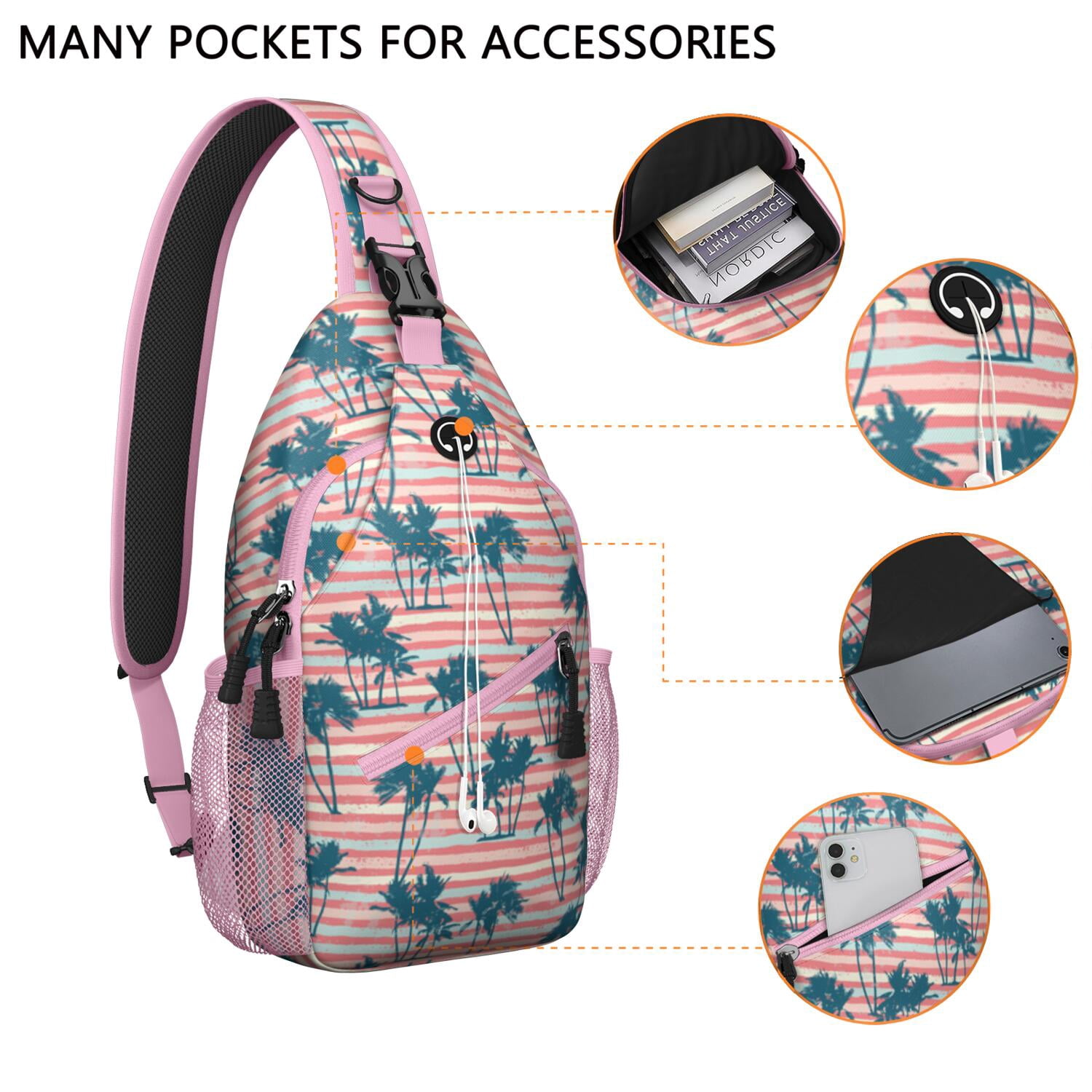 Palm Inspired Sling Bag - Travel-Ready Crossbody Bag with Organized Compartments & Breathable Straps - Great for Daily Commuting, Climbing, Jungle Leaves Theme