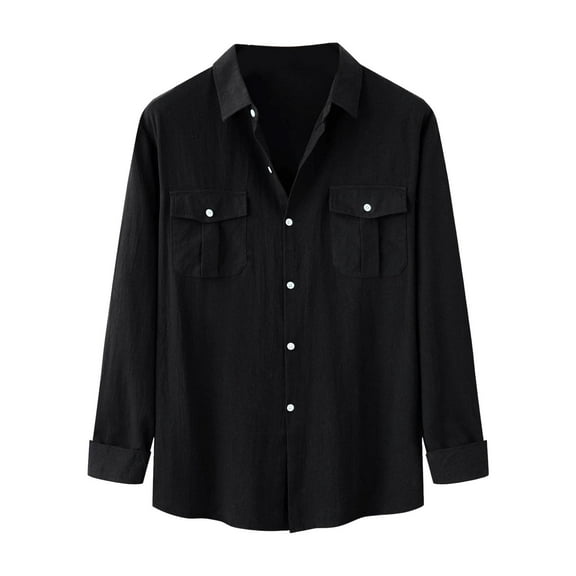 Dpytoraw Autumn And Winter Men's Cotton And Linen Solid Color Double Pocket Design Long Sleeve Shirt
