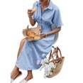 thumbnail image 3 of Women Button Front Pleated Shirt Dresses Summer Casual Short Sleeve Pleated Blouse Mini Dress Blue M, 3 of 8