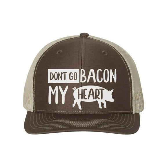 Bacon Hat, Don't Go Bacon My Heart, Bacon Lover, Bacon Apparel, Gift For Bacon Lover, Trucker Hat, Adjustable, 10 Colors, White Text, Brown/Khaki
