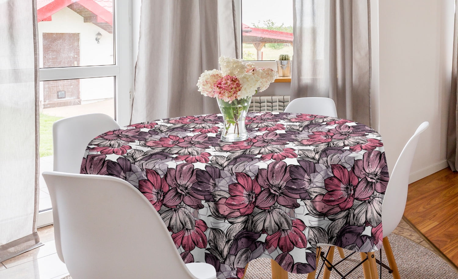 Vintage Round Tablecloth, Pattern with Magnolia Flowers Plants