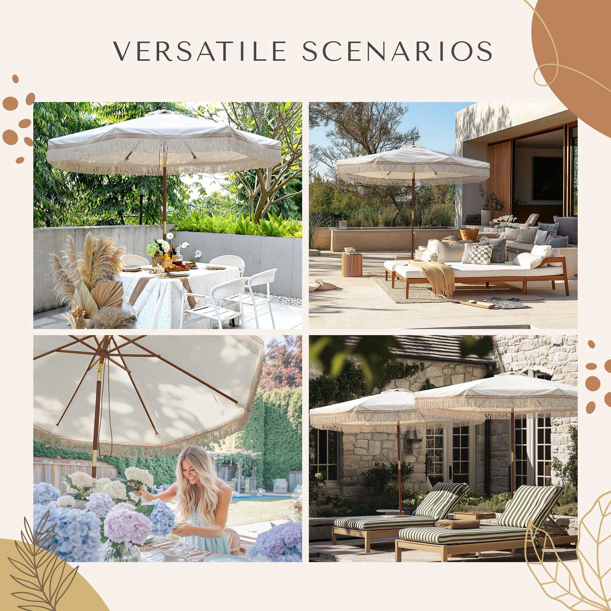 LAGarden BOHO 9' Fringe Patio Umbrella with Tassels UPF50+ Boho Style 5-Year-Non-Fading for Outdoor Yard Market Ivony Xchevron
