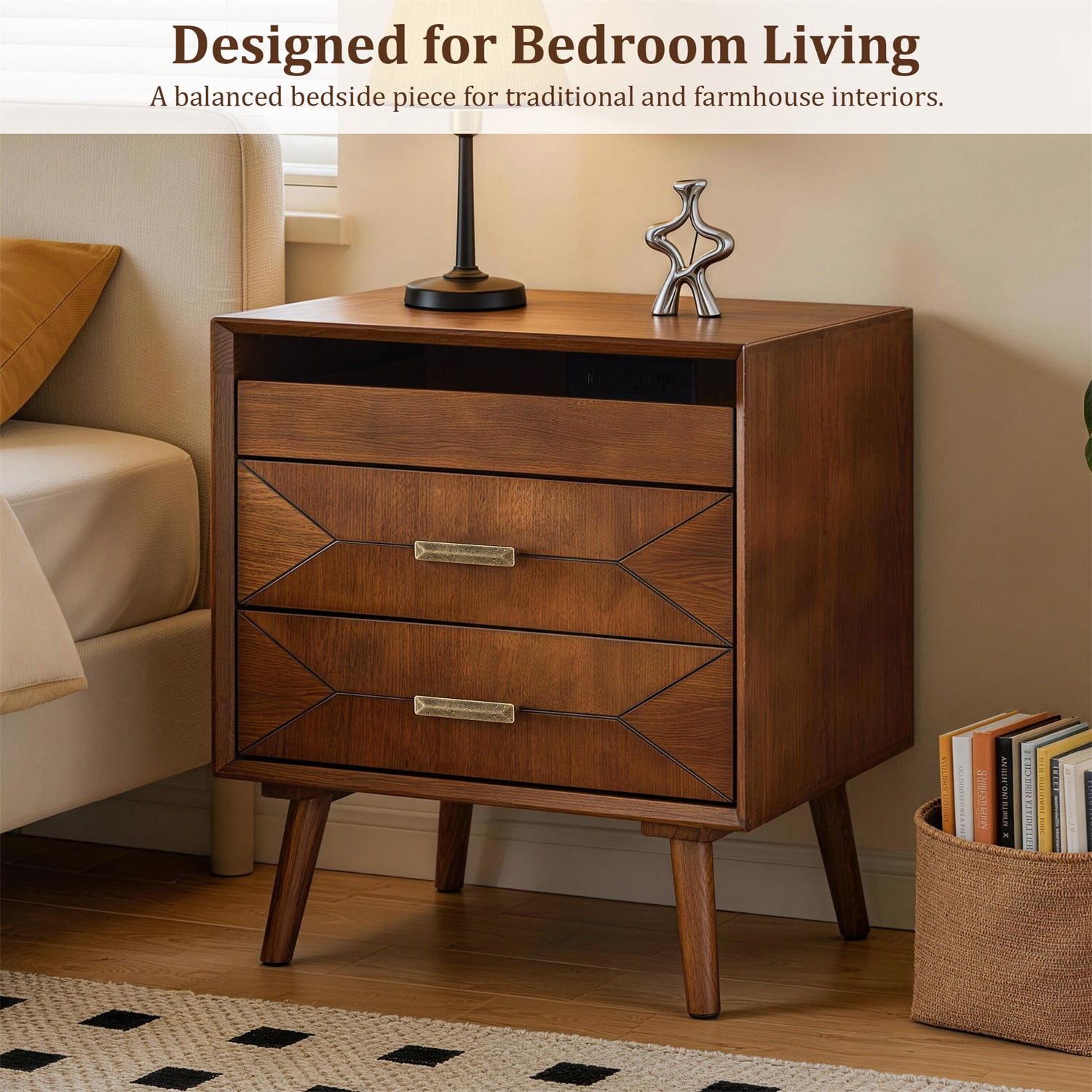 Hommoo 24" Mid-Century Modern Nightstand with Built-in Charging Station, Solid Wood & MDF Bedside Table, 2 Drawers & Open Shelf for Bedroom, Living Room or Home Office, Walnut