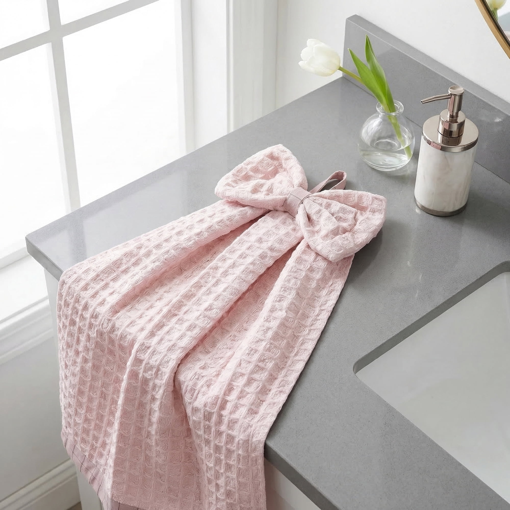 Unique Bargains 2 Pack Waffle Weave Hanging Hand Towels with Bowknot Pink 13" x 9"