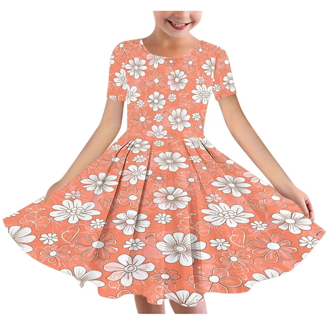 RXIRUCGD 2025 Summer Clothes for Kids Girl's Flower Print Short Sleeve Stretchy Dress Summer Sleeve Round Neck Dress Dance Skirt for Kids