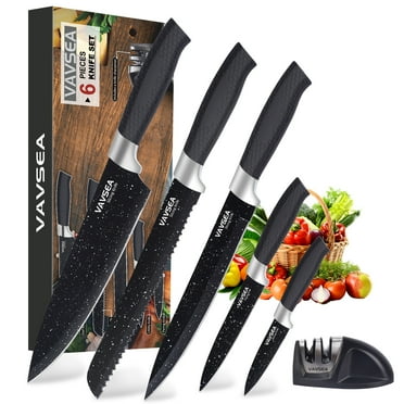 VAVSEA Kitchen Knife Set with Sharpener, 6Pcs Stainless Steel Chef Knife Set with Non-stick Coating, Ultra Sharp, Dishwasher Safe, Black