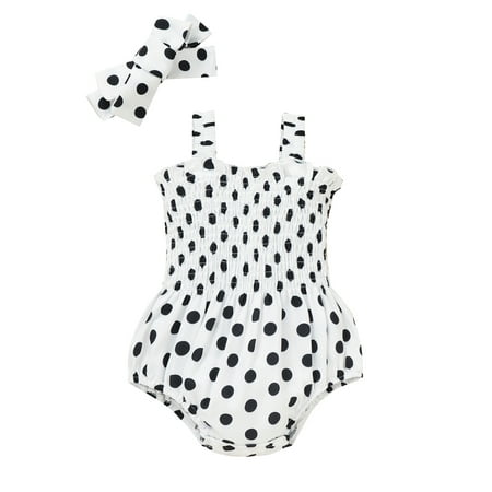 

Eyicmarn Baby Girls 2Pcs Summer Outfits Sleeveless Dots Print Shirred Romper + Headband Set