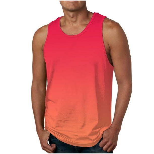 Mens Camisetas Algodón Gradiente Color Impreso sin Mangas Cuello Redondo Tanque, Chaleco Casual para Al Aire Libre Y Verano
