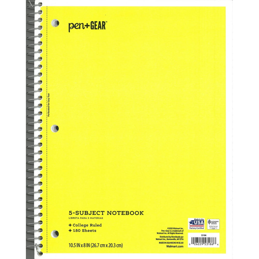 Pen+Gear 5Subject Spiral Notebook, College Ruled, 180 Pages, Yellow