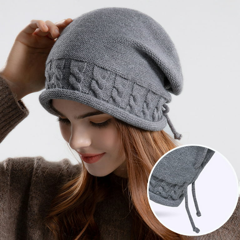 Hesroicy Adjustable Drawstring Hemming Twist Texture Knitting Hat Women  Solid Color Riding Winter Beanie Hat 