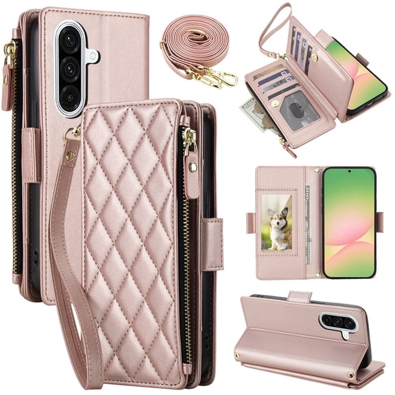 For Samsung Galaxy A37 5G RFID Blocking Wallet Case, Crossbody Purse Phone Case with 9 Card Slots, Zipper Pocket & Detachable Strap,Rose Gold,For Galaxy A37 5G