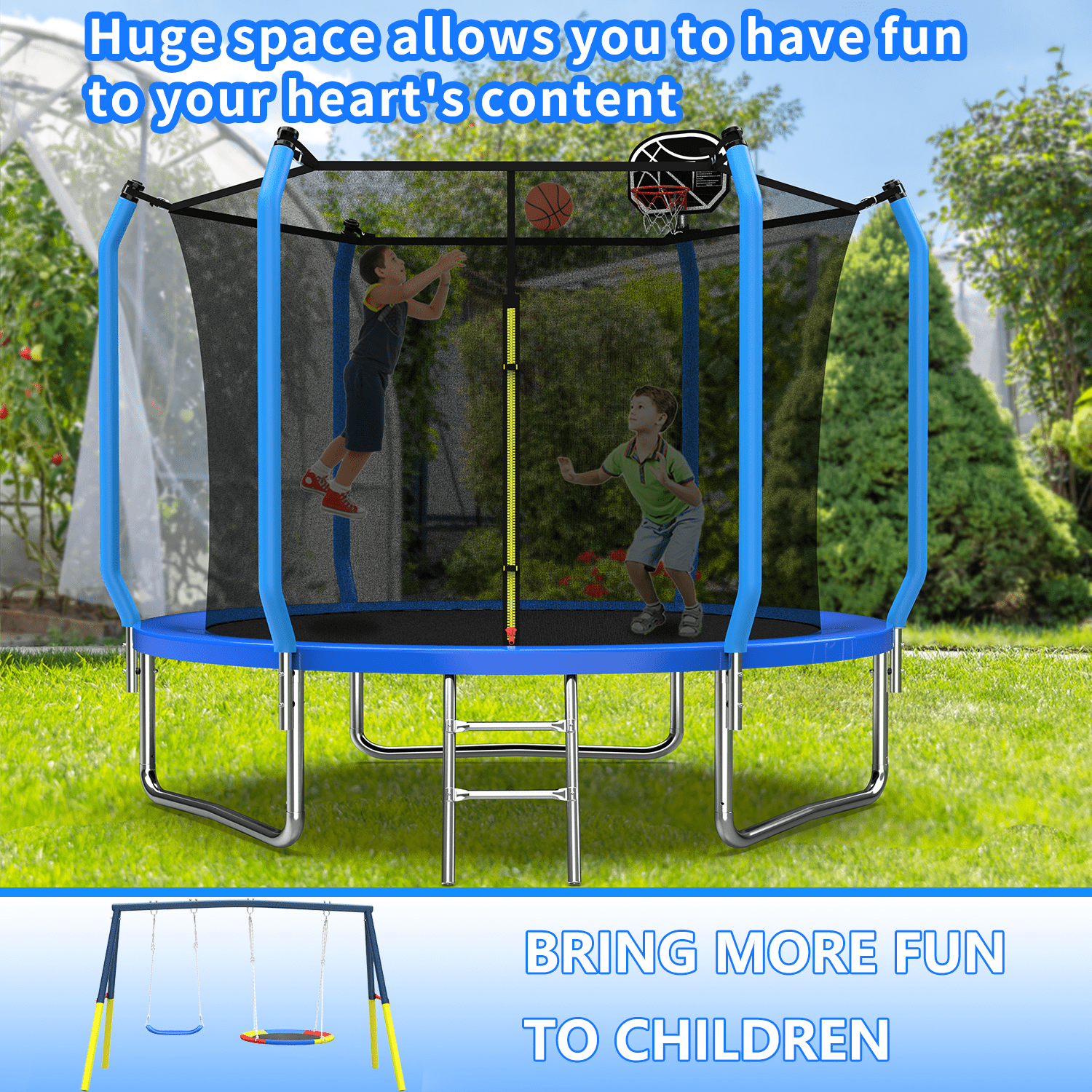 Mersco 10FT Trampoline with Enclosure Net,Swing Set, Outdoor Trampoline with Basketball Hoop for Kid,Jumping Trampoline with Swing Set for Backyard,Birthday and Holiday Gifts for Kids,Blue