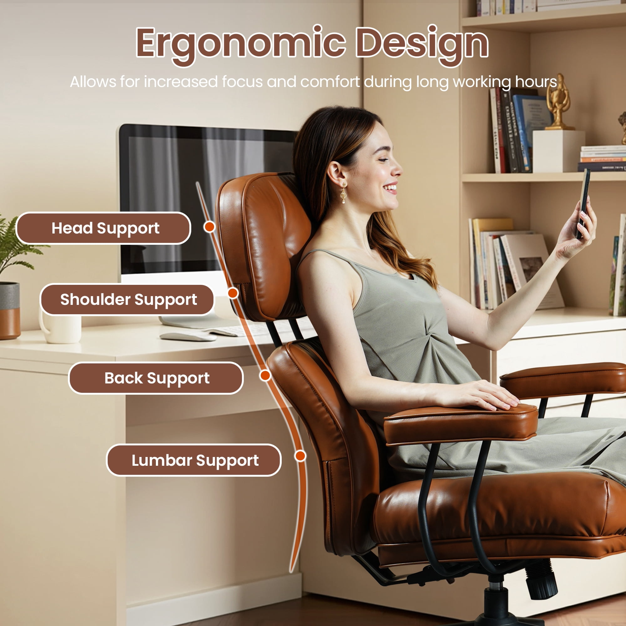 XIZZI Executive Office Chair, Oversized Computer Desk Chair with High Back, Ergonomic Elegant Design, Multi-Layer Memory Foam Cushion, Brown (PU Leather)