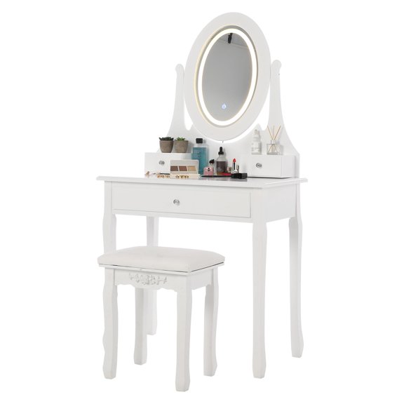 White Vanity Desk with Mirror and Lights, Small Makeup Vanity with 3 Drawers, Stool