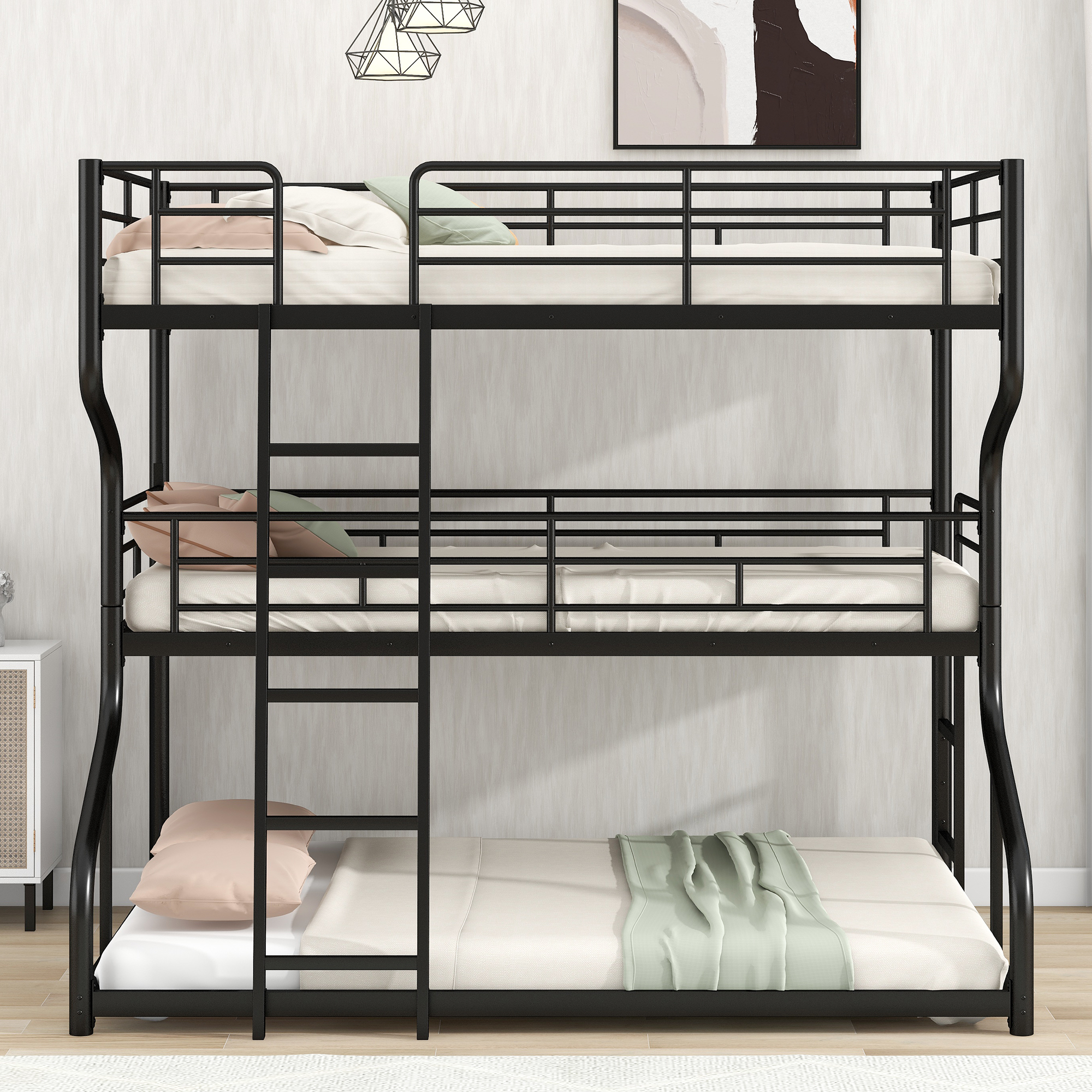 Full XL over Twin XL over Queen Size Triple Bunk Bed,Heavy Duty Metal Triple Bed for Kids,Black