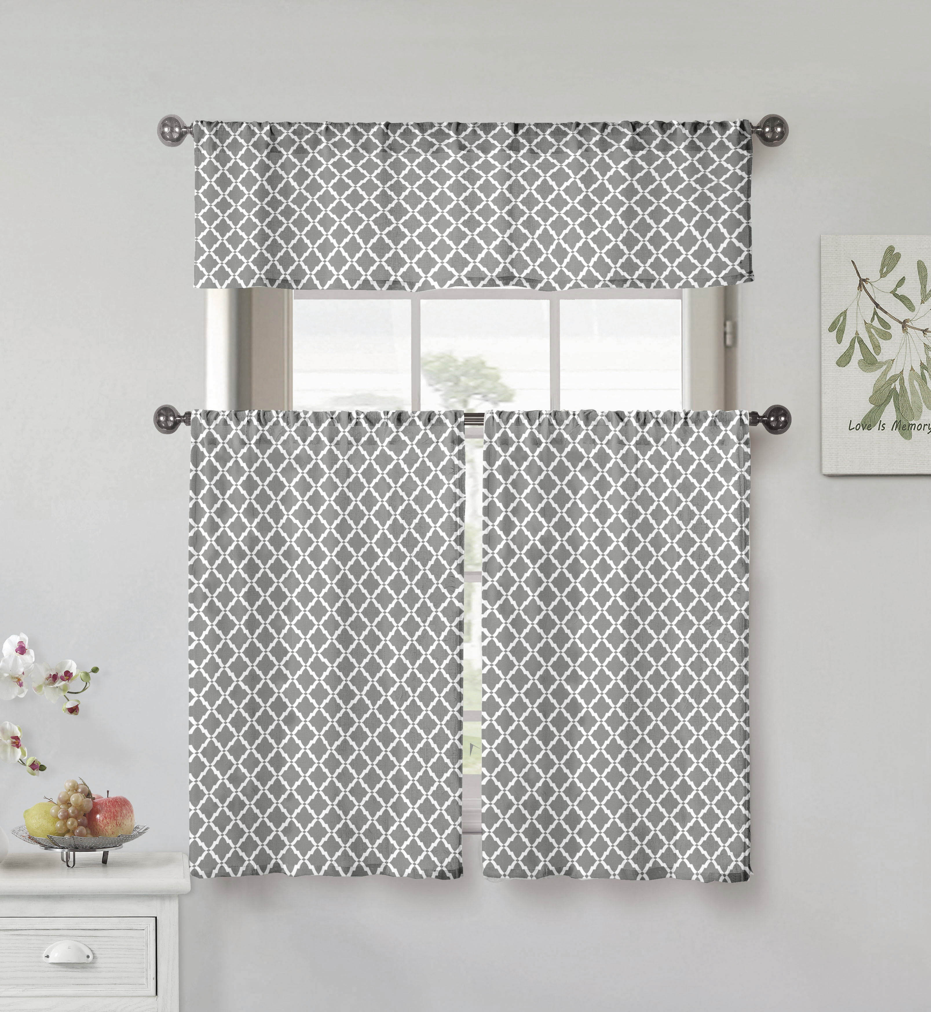 Kensie Home collection 3 Piece Small Window Curtain Set Moroccan Tile Design One Valance, Two