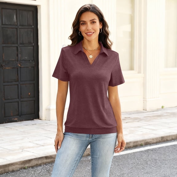 Womens Polo Shirts Short Sleeve Banded Bottom Tops Business Casual Tops Collared V Neck Dressy Blouses Wine M