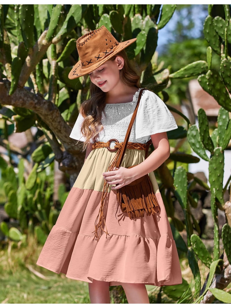 Arshiner Girls Summer Dress Tween Casual Smocked Swing Flowy Ruffle Midi Dresses with Pockets