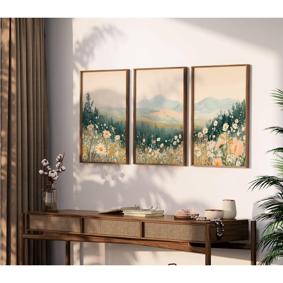 UNFFRAMED Triptych Boho Mountain Daisy Wildflower Landscape Poster 3 Piece Nursery Wall Art Wildflower Living Room Decor Set 3 Prints 8x12