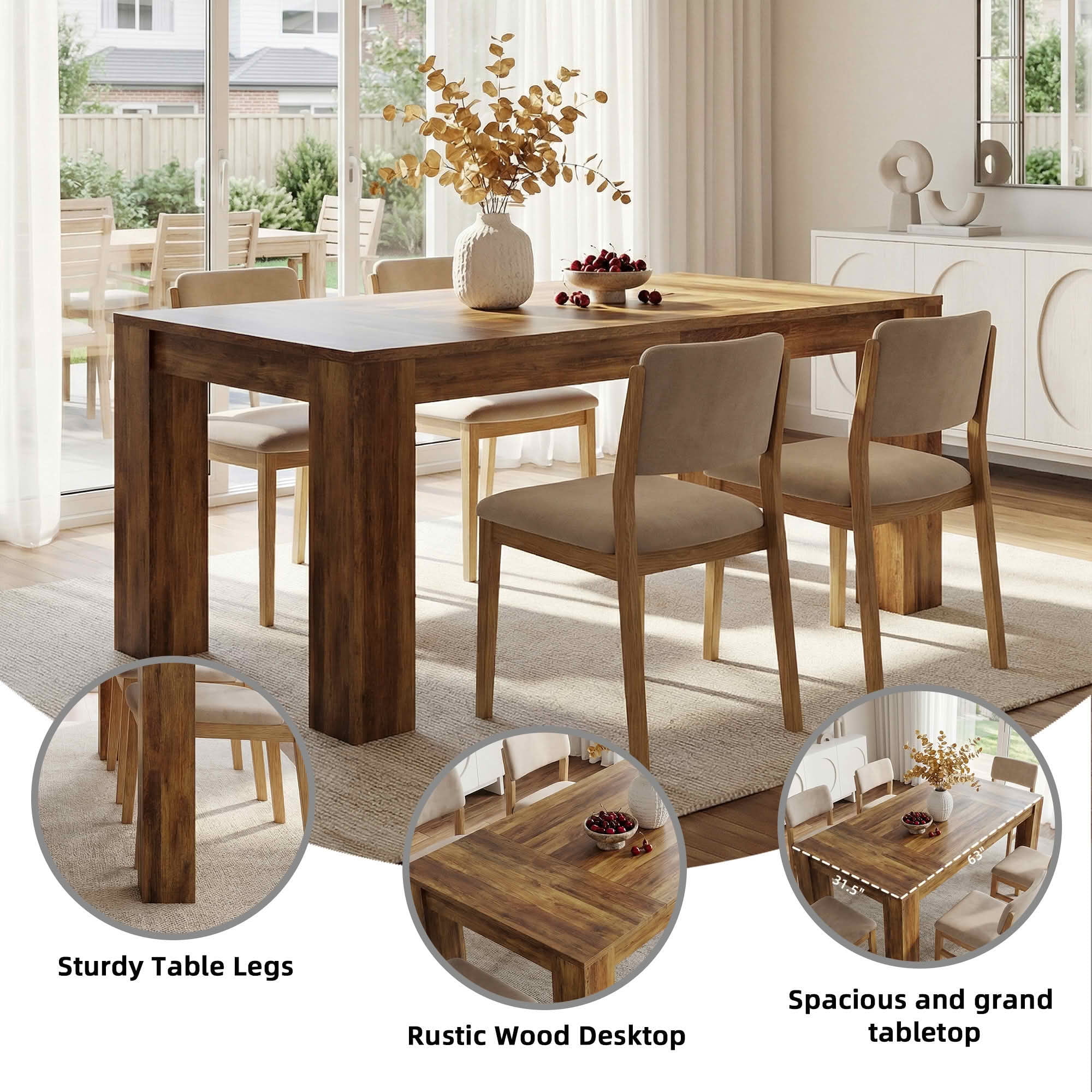 MAYEERTY 63" Rustic Farmhouse Dining Table, 4-6 Seater Wooden Rectangular Table for Home & Cafe, Easy Assembly