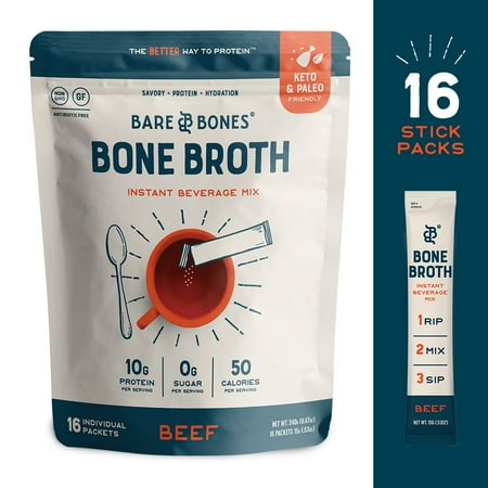 Bare Bones Bone Broth Instant Beverage Mix  Beef  Pack of 16