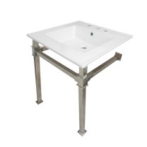 Kingston Brass KVPB25228Q6 Monarch 25" Ceramic Console Sink with Stainless Steel Legs (8-Inch, 3-Hole), White/Polished Nickel