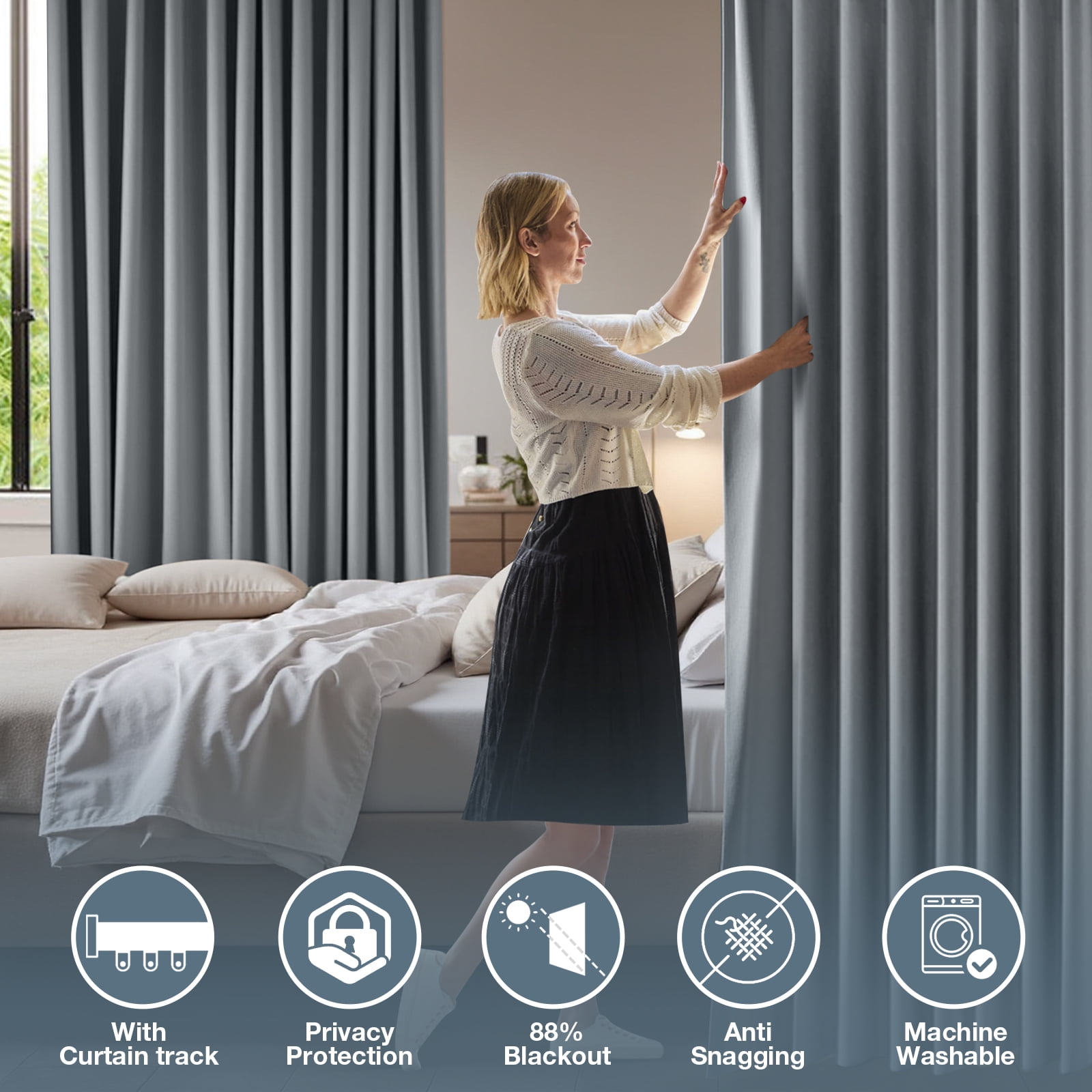 DONGPAI Room Divider Curtains Blackout Privacy Curtain Flexible Ceiling Track Thermal Insulated Noise Reduction Curtains for Living Room Bedroom Partition Separator, 1 Panel, Gray, 100"x 84"