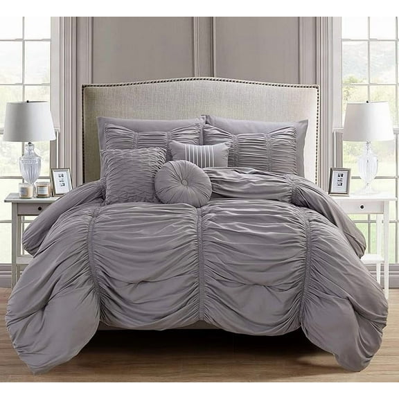 Elegant Comfort Softest, 10pc Pleated Bedding-in-a-Bag, Ruched Ruffle Comforter Set Featuring Decorative Pillows and Fitted Sheet with Storage Pockets, Pleated Comforter, King, Shale Gray