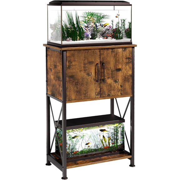 5-10 Gallon Fish Tank Stand, Metal Double Aquarium Stand with Cabinet for Fish Tank Accessories Storage, Heavy Duty 20.5" L* 11.02" W Tabletop, 500LBS Capacity Rustic Brown and Black