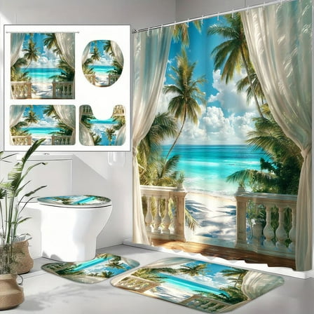 4pcs Tropical Beach Palm Trees Pattern Shower Curtain Set, Non Slip Floor Mat, Toilet U-shaped Pad, Toilet Lid Pad, Bathroom Decor Accessories, Bath Curtain With 12 Hooks, 70.8x70.8 Inches