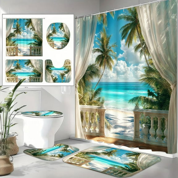 4pcs Tropical Beach Palm Trees Pattern Shower Curtain Set, Non Slip Floor Mat, Toilet U-shaped Pad, Toilet Lid Pad, Bathroom Decor Accessories, Bath Curtain With 12 Hooks, 70.8x70.8 Inches