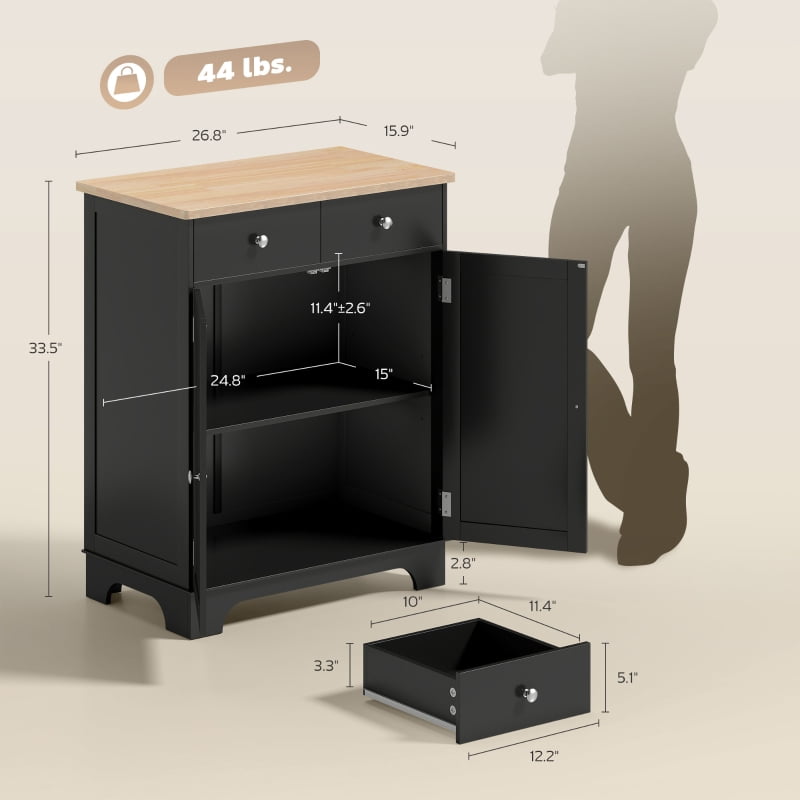 Alvantor Kitchen Storage Cabinet with Solid Wood Top, Adjustable Shelf & 2 Drawers 26.75"x15.75"x33.5" Black