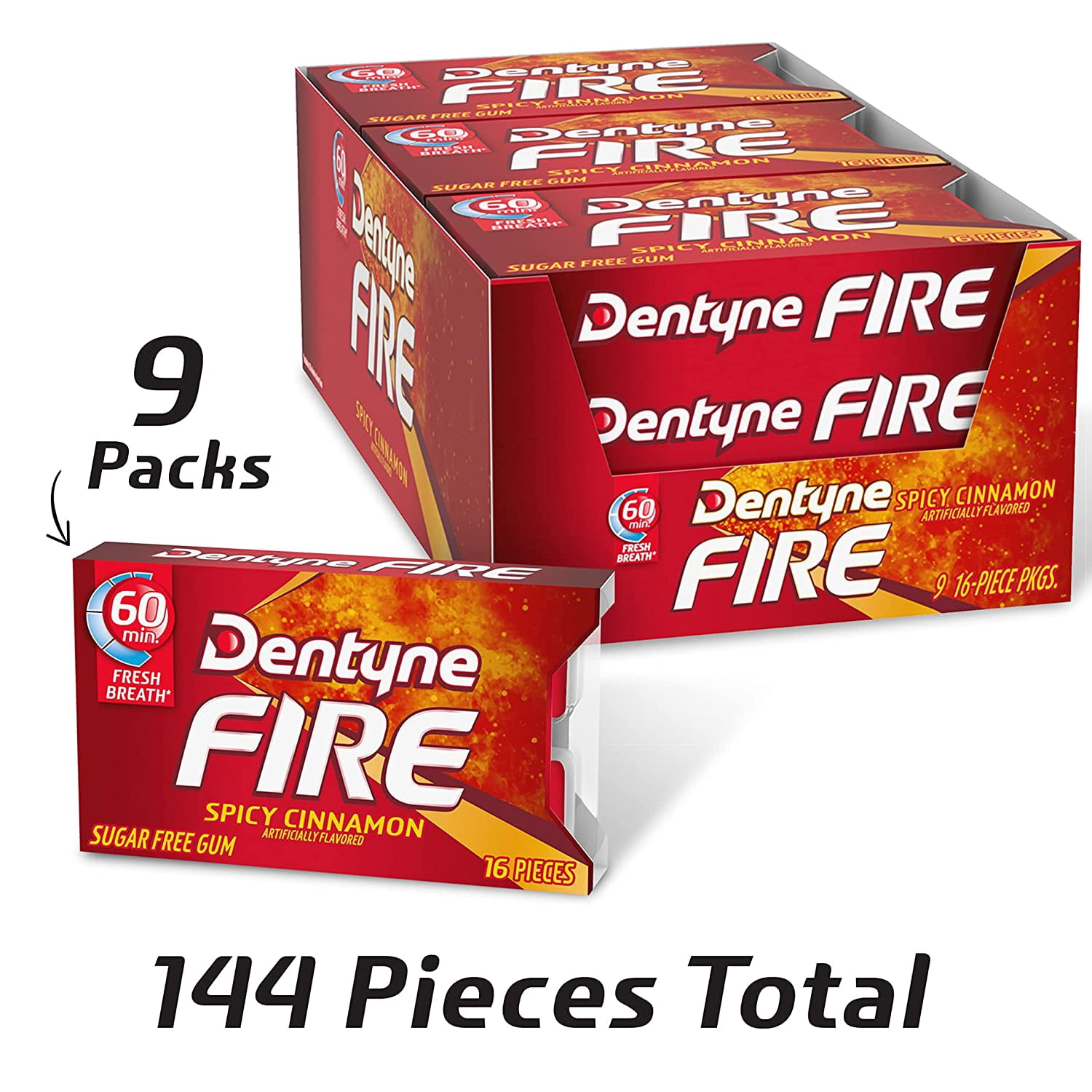 Dentyne Ice Spicy Cinnamon Sugar Free Gum, 16 Piece Count Pack of 9 (144 Total Pieces) 2 Pack Boxes Bundle Double Up and Save