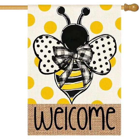 Summer Polka Dot Bee Welcome House Flag 28x40 Inch Double Sided Outside, Orange Seasonal Holiday Burlap Yard Outdoor Decoration