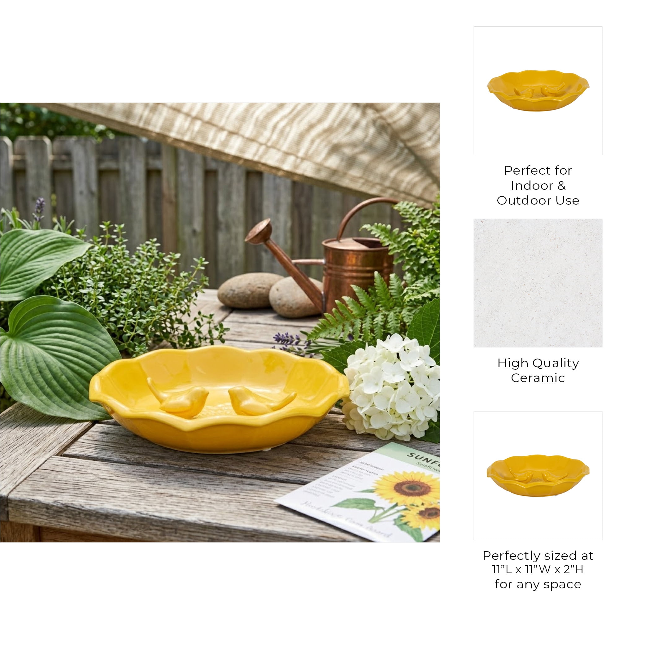 Ceramic Bird Feeder for Outdoors - Flower Bowl Bird Bath Style, Floor Bird Feeder for Garden and Yard Tabletop or Ground - Decorative Accent for Feeding Wild Birds in Outdoor Spaces - 2", Yellow