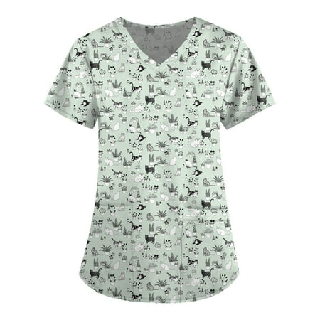 

Apepal Women Short Sleeve V-Neck Cute Animals Printed Pocket Scrub Tops
