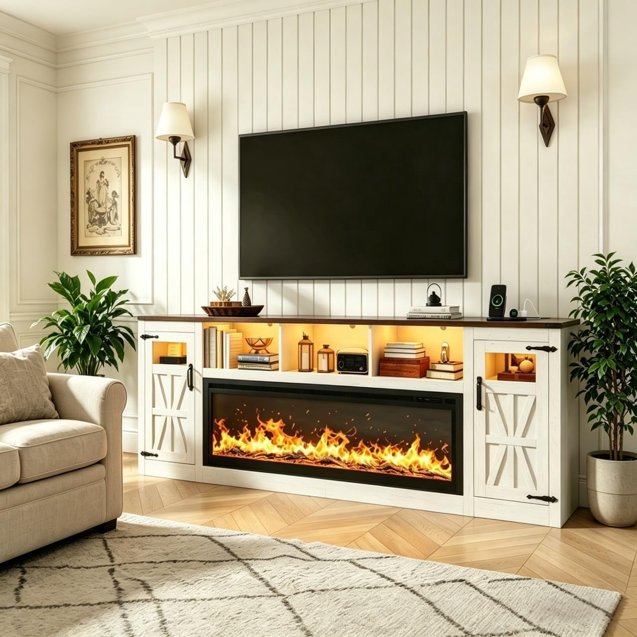 Blotout 95" Fireplace TV Stand for TVs up to 100" with 60" Electric Fireplace, Large Farmhous Media Entertainment Center w/LED Lights/Power Outlets & Barn Doors Storage Cabinet for Living Room,White