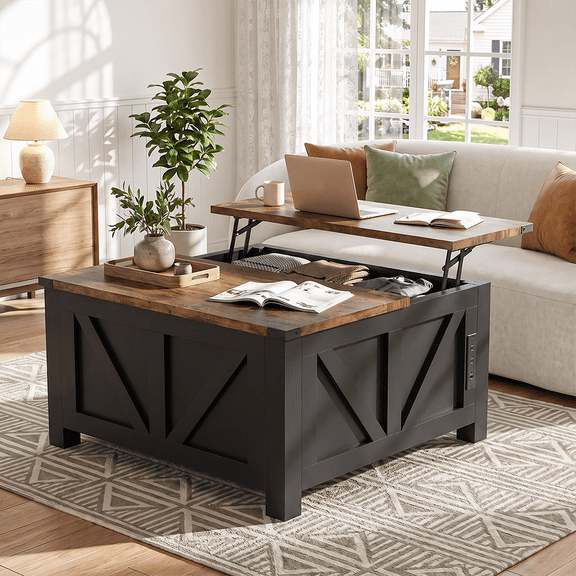 Farmhouse Lift Top Coffee Table with Storage, Wood Square Center Table with Charging Station&USB Port, Living Room Table w/Large Hidden Space, for Living Room, Bedroom, Home Office,