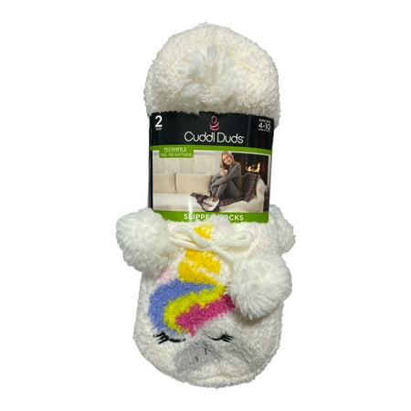 Cuddl Duds Women s Soft Plushfill Sherpa Lined Slipper Sock  2 Pack  Size 4-10 (Unicorn)